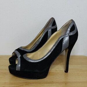 Audrey Brooke Black Suede Peep Toe Heels Shoes